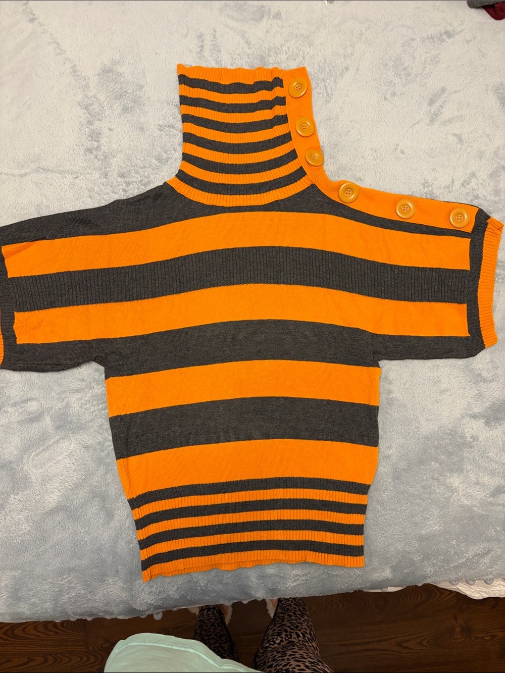 Vero Moda Orange & Gray Striped Button-Shoulder Turtleneck Sweater